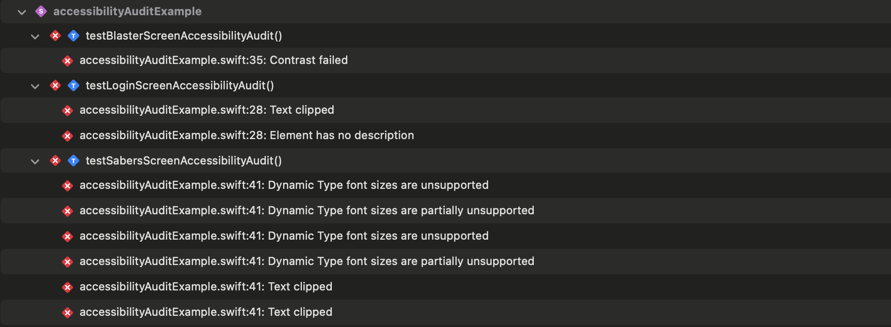 Report navigator view, where each of the three test cases are show casing all of the issues for each test case
