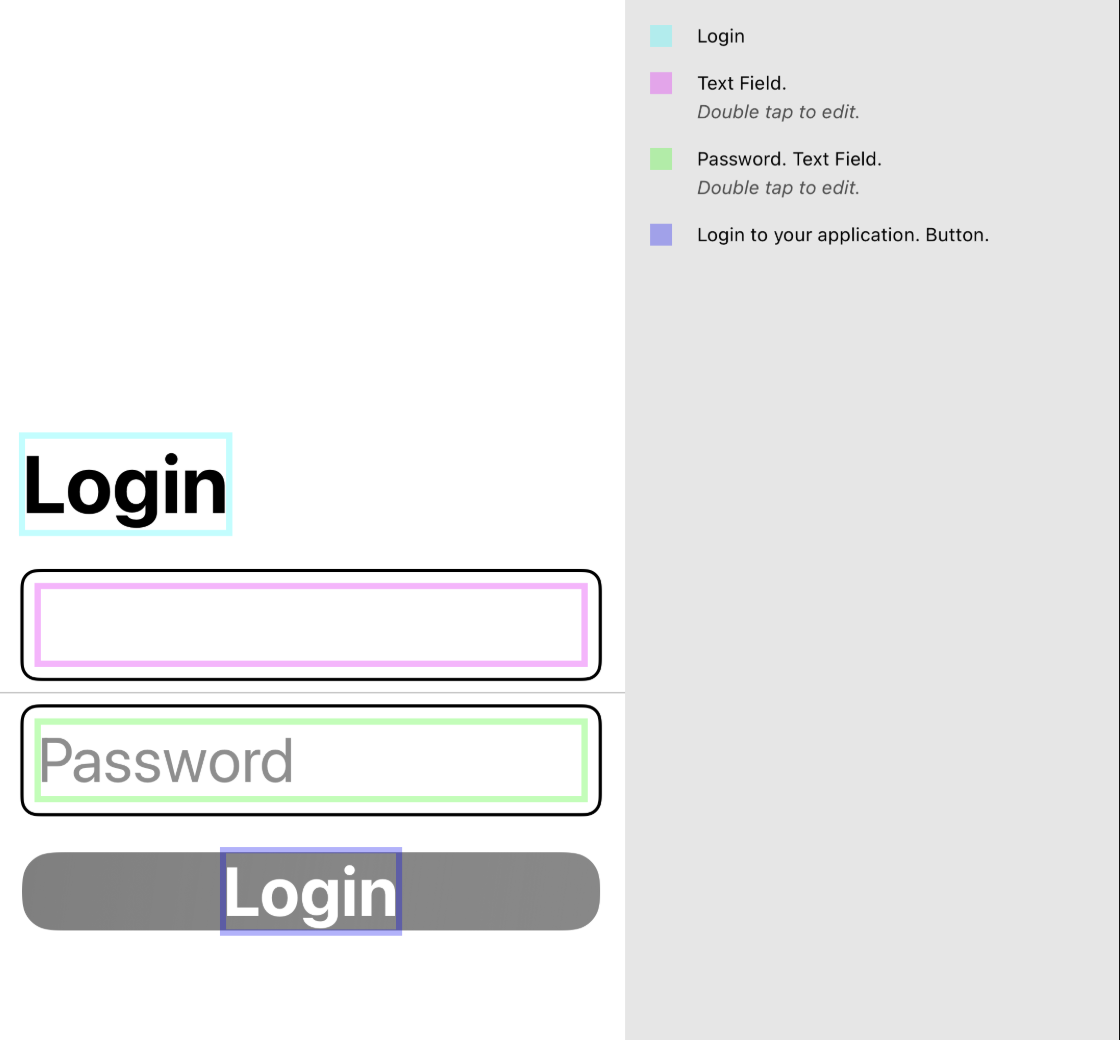 Login screen with to login fields in the screen shot. on the right is the laid out a11y structure of the view, which starts with “login” and then go “Text field” with no label, then “Password” text field login application button
