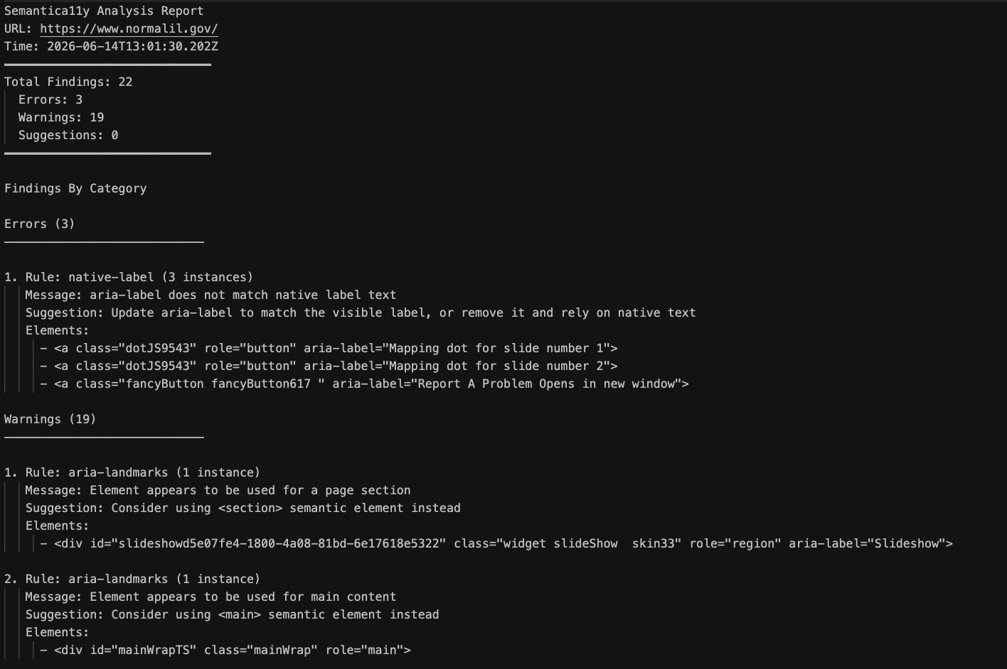 A Semantica11y output report showing the total number of issues organized into errors, warnings, and suggestions.