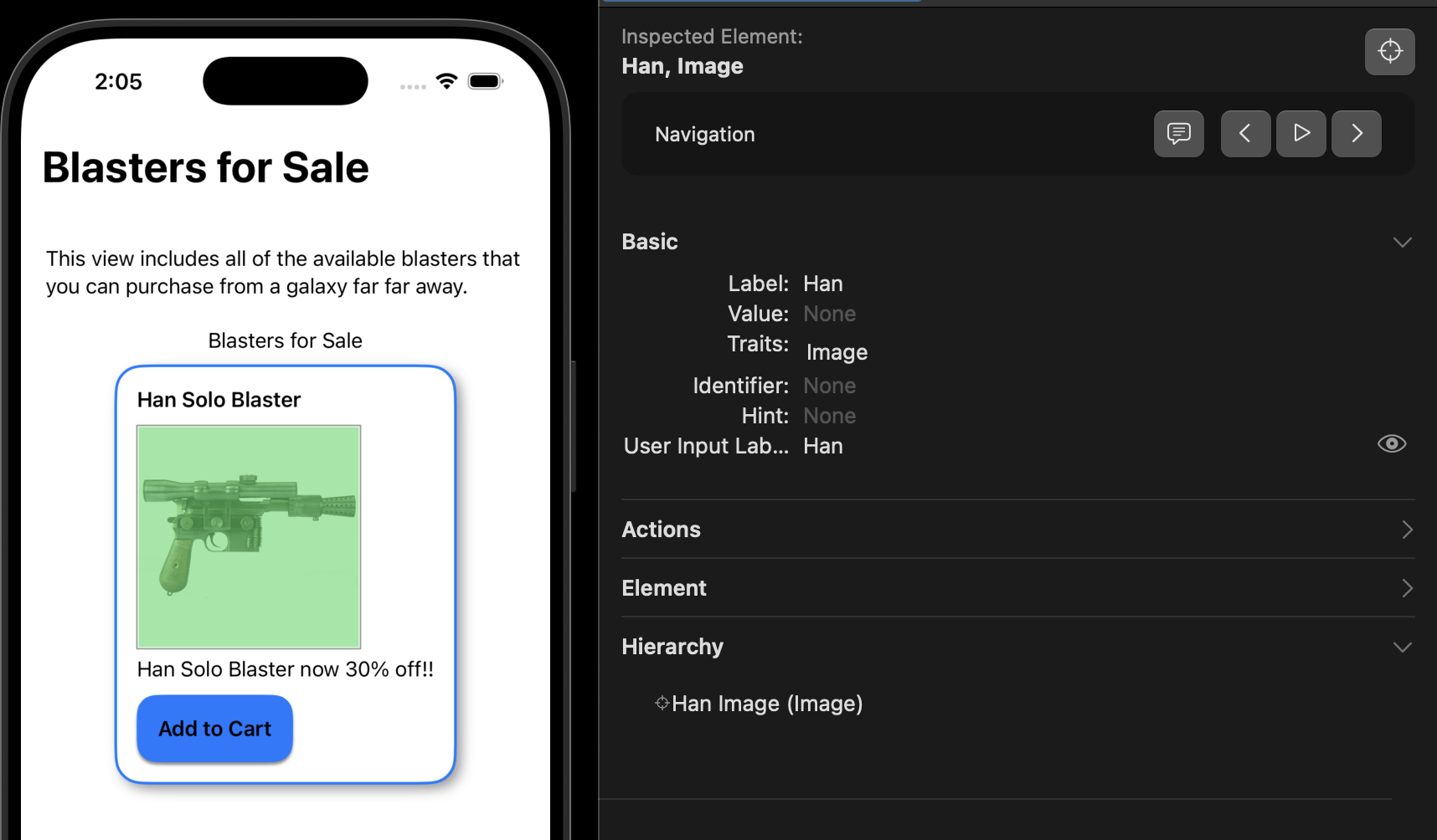 Accessibility grouping example, that shows  a card component that can have the name, image, and description being all separate focus stops