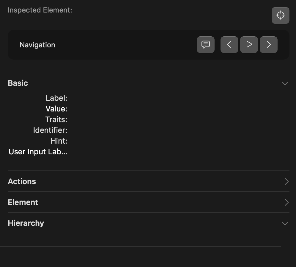 Default view of ‘Inspection’ tab of accessibility inspector that includes Navigation, basic, and actions